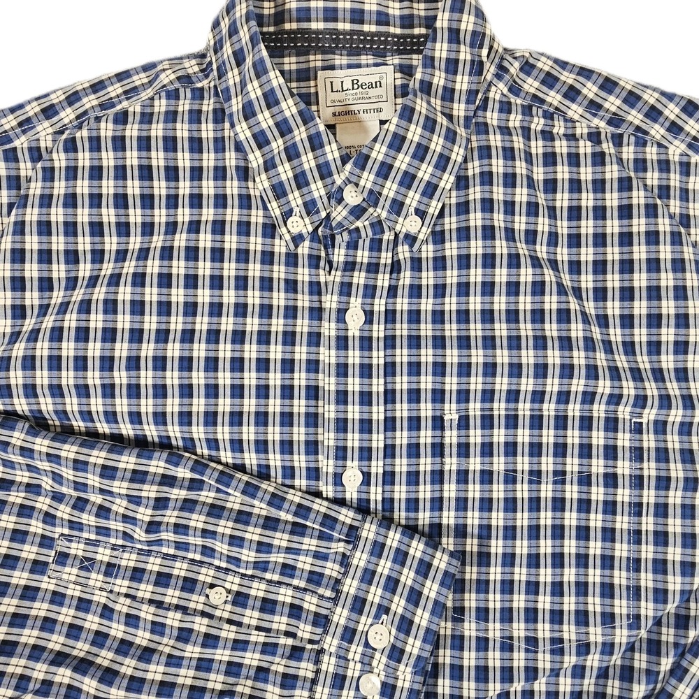 LL Bean Button Down Men's L Reg Slighlty Fitted Cotton Blue Plaid Sleeve